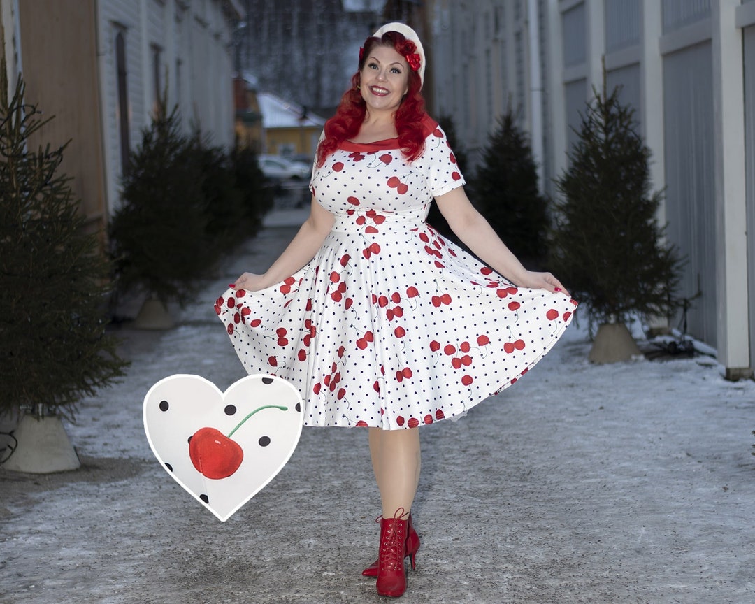 Rockabilly Darlene Cherry & Polka Dot Swing Dress in White