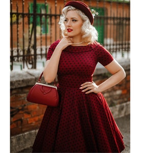 Plus Size Retro Polka Dot Off Shoulder Swing Dress in Burgundy/Black