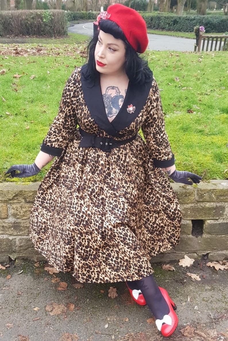 1950s Women’s Outfit Inspiration     Tiffany 50s Coat Dress in Leopard Print  AT vintagedancer.com