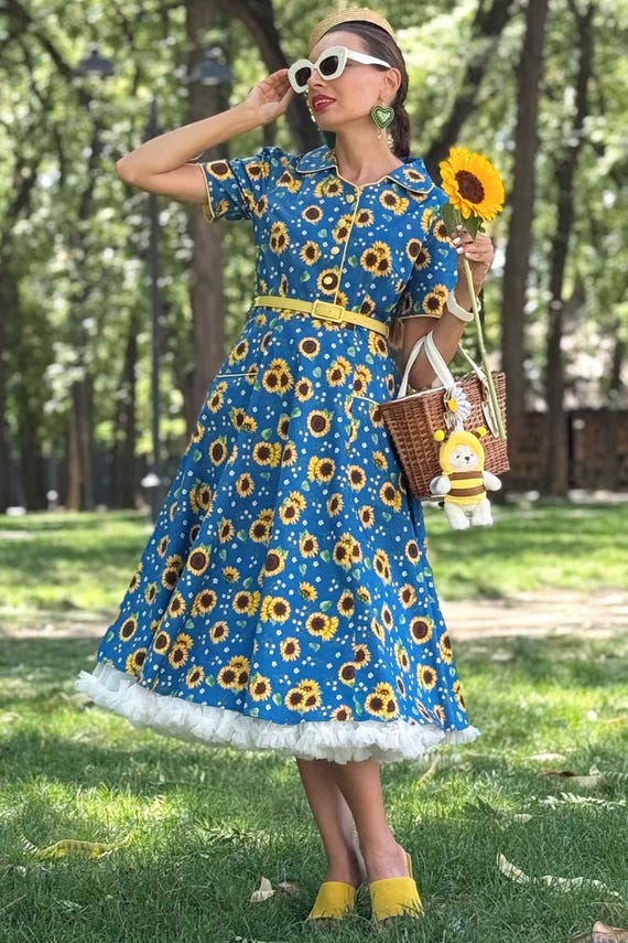 sunflower midi dress Yumi Women's Cotton Sunflower Embroidered Midi Dress