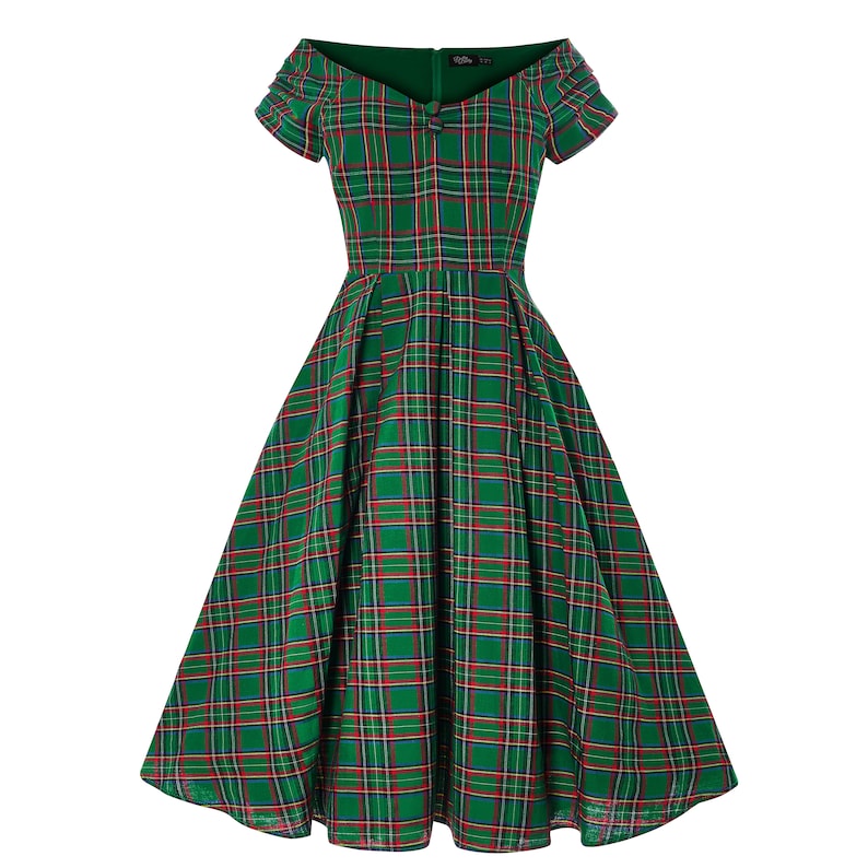 1950s Dresses, 50s Dresses | 1950s Style Dresses     Green Tartan Off The Shoulder 50s Inspired Pocket Swing Dress  AT vintagedancer.com