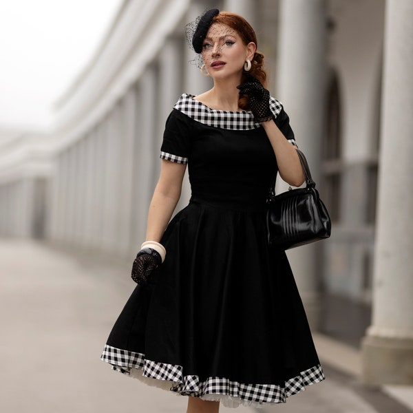 Retro Gingham Swing Dress in Black & White Check