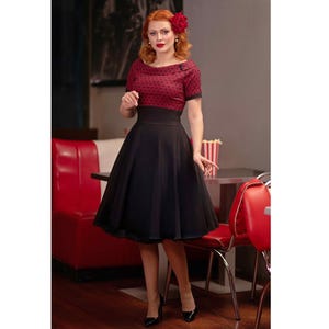 Darlene Full Circle Swing Dress in Burgundy Polka-Black