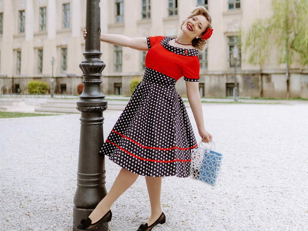 Darlene Rockabilly Red & Black White Polka Dot Dress - Etsy Darlene Rockabilly Red & Black White Polka Dot Dress - Etsy
