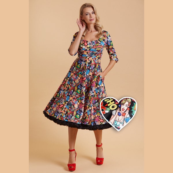 Retro Long Sleeved Comic Pop Art Midi Dress UK