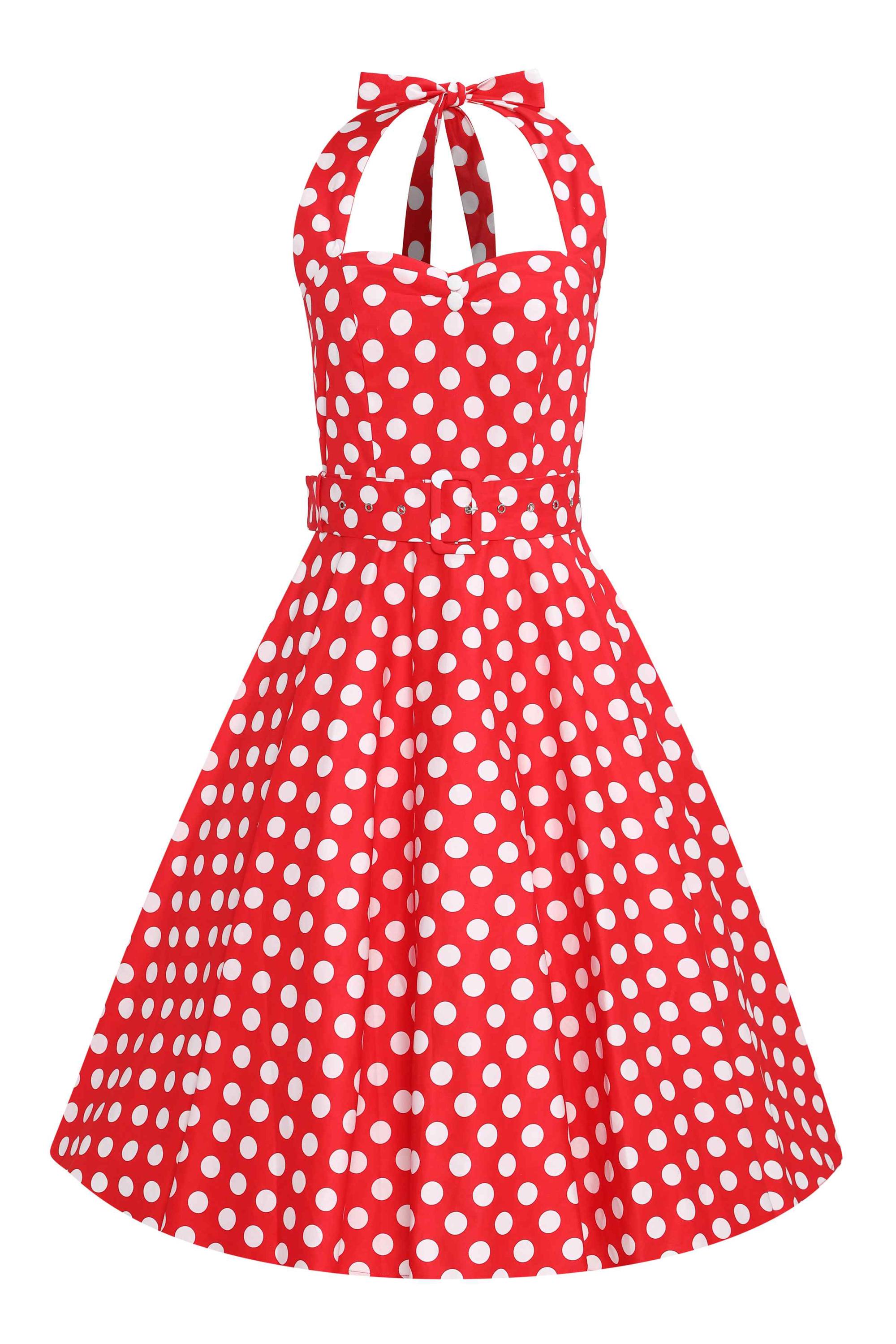 red halter polka dot dress Rena Silk Dress