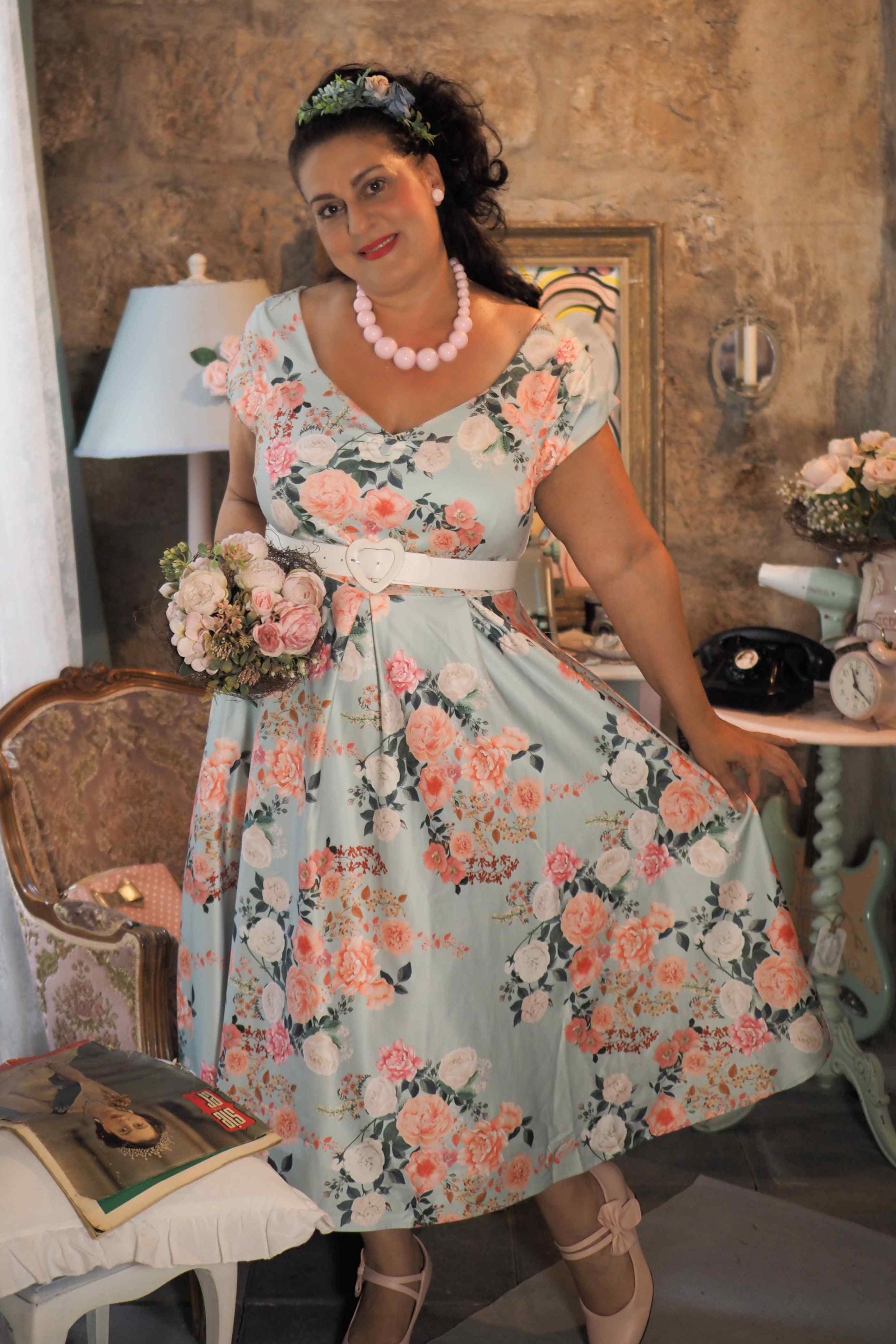 Lily 50s Style Floral off Shoulder Dress in Mint - Etsy Canada