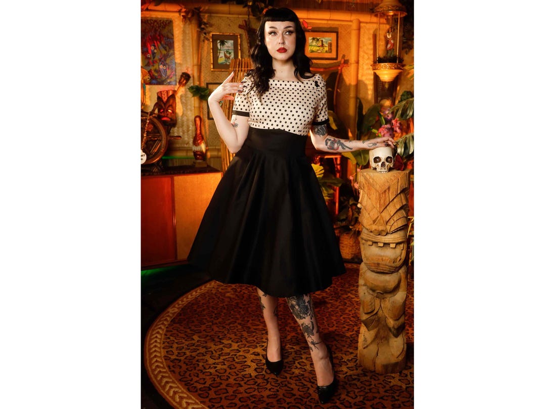 black retro swing dress Banned Retro Bella Polka Swing Dress in Black