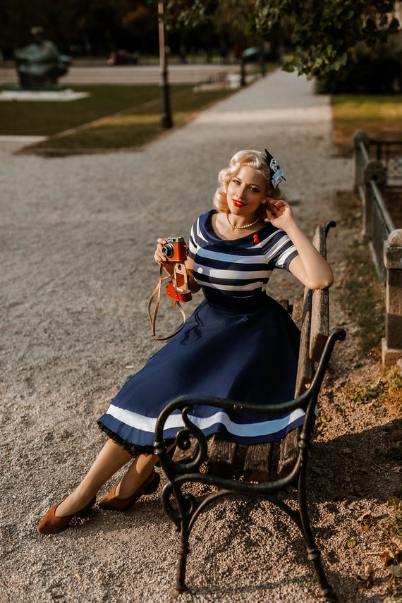 Nautical Navy White Striped Swing Dress Etsy