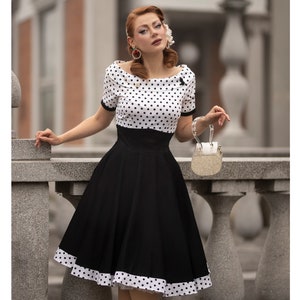 Retro Off Shoulder Swing Dress in White & Black Polka