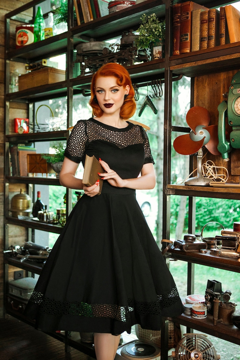 1950s Party Dresses & Prom Dresses for Sale Black Lace Formal Dress with Sleeves $79.69 AT vintagedancer.com