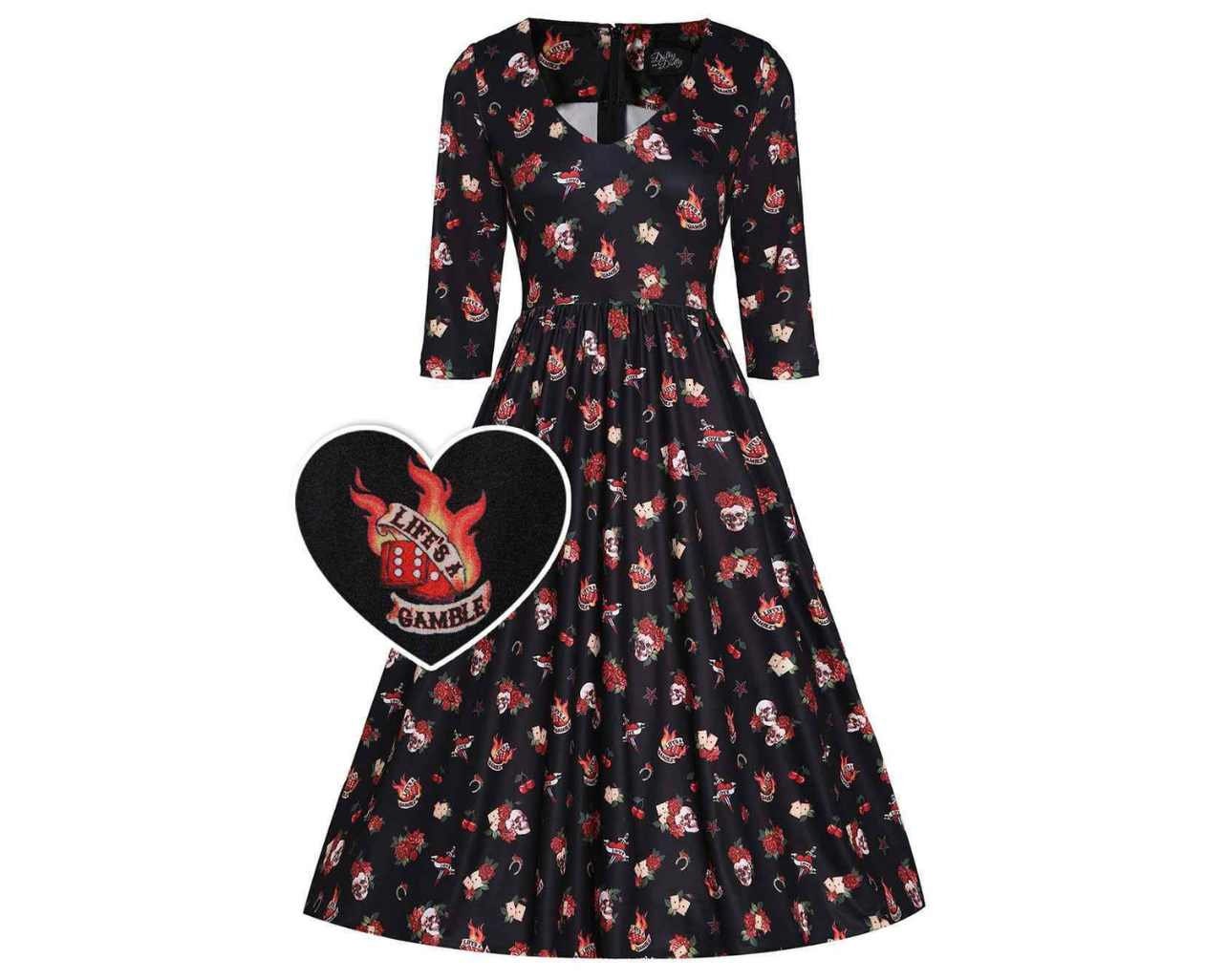 black dress skulls and roses Rockabilly Skulls & Roses Darlene Swing Dress