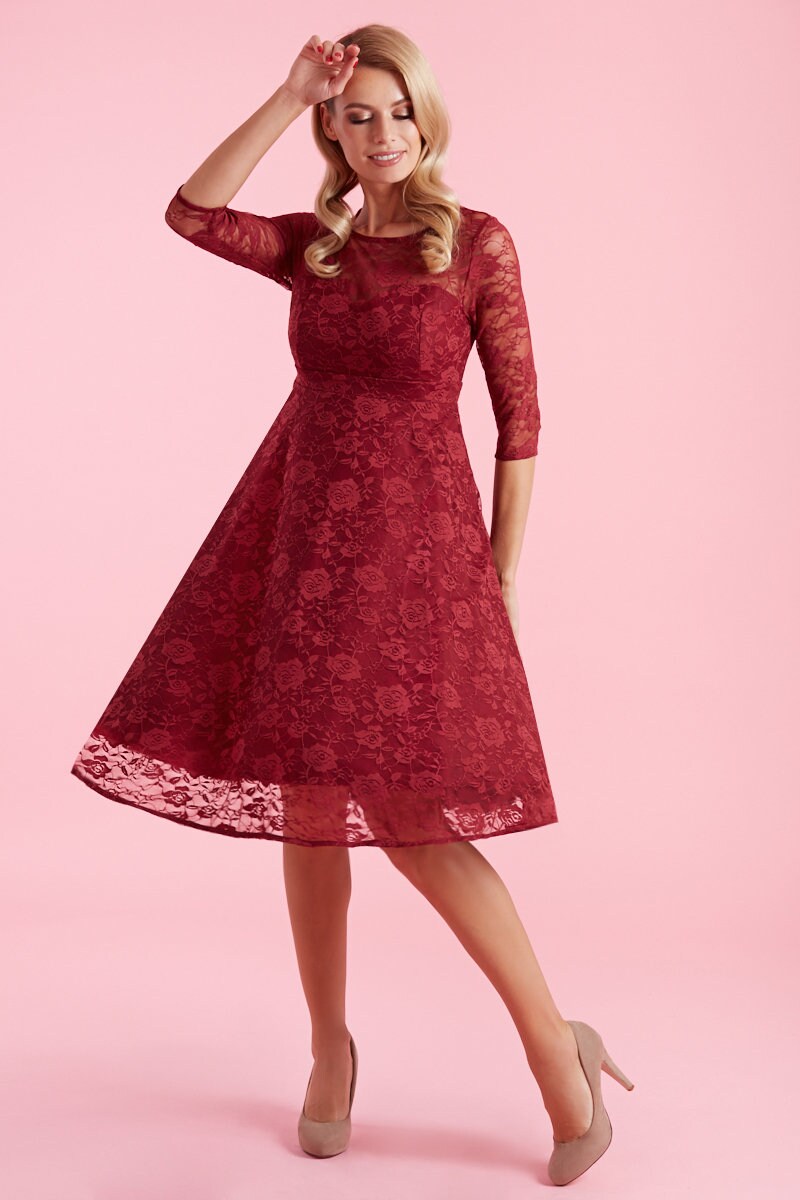 lace wedding dress online Sheer 3/4 Sleeves Tea Length Dot Tulle Lace Casual Wedding Dress main image 1