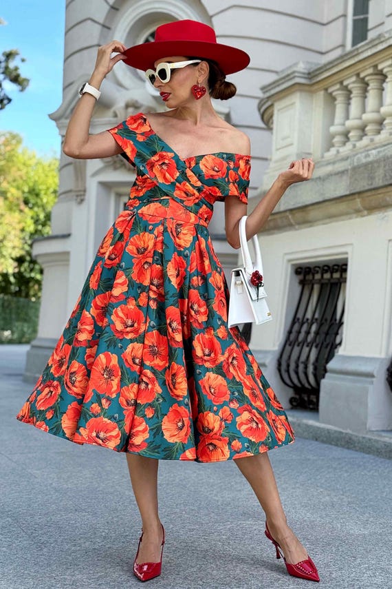 Beverly Orange Poppy Off Shoulder Dress In Green
