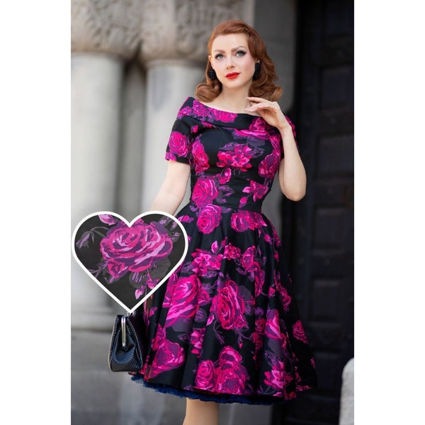 1950s Inspired Pink Floral & Black Flared Rockabilly Dress