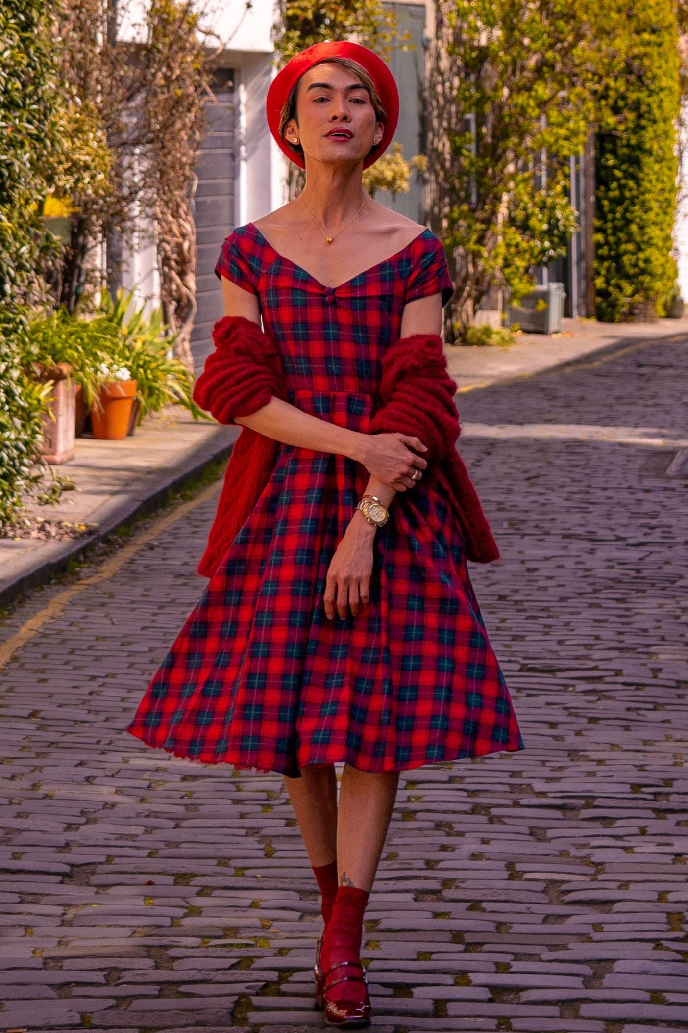 red dress tartan Dream by Sarah Regensburger The Journey dress features a corset back along with a side zipper The Red Boat Neck Plaid
