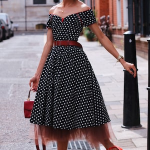 off Shoulder Black White Contrast Color Tight Waist a Swing Design Bow Dress