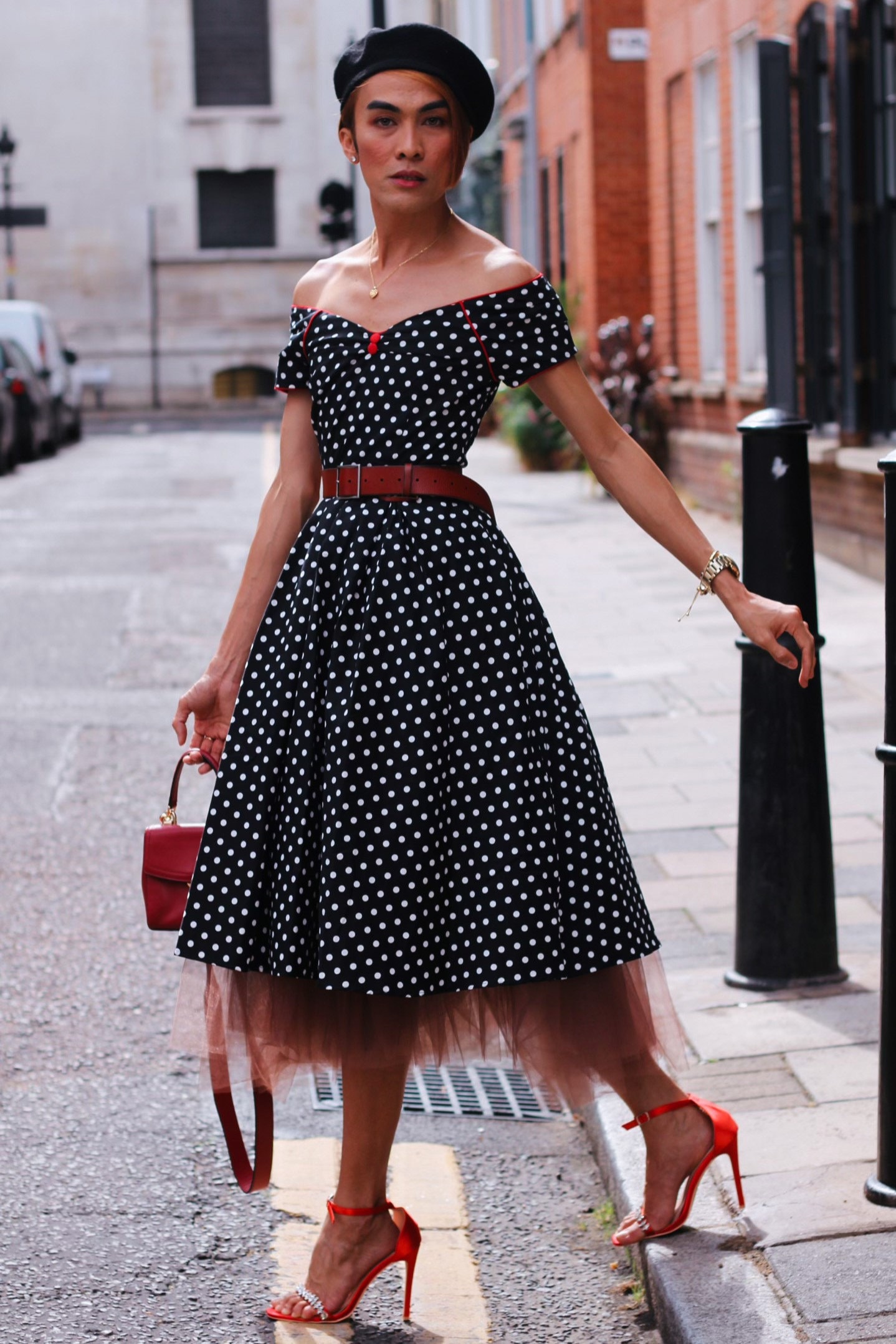 Black and white polka dot off the shoulder dress cheap