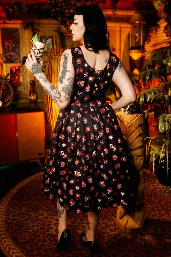Amanda Rockabilly Skull & Rose Swing Dress - Etsy