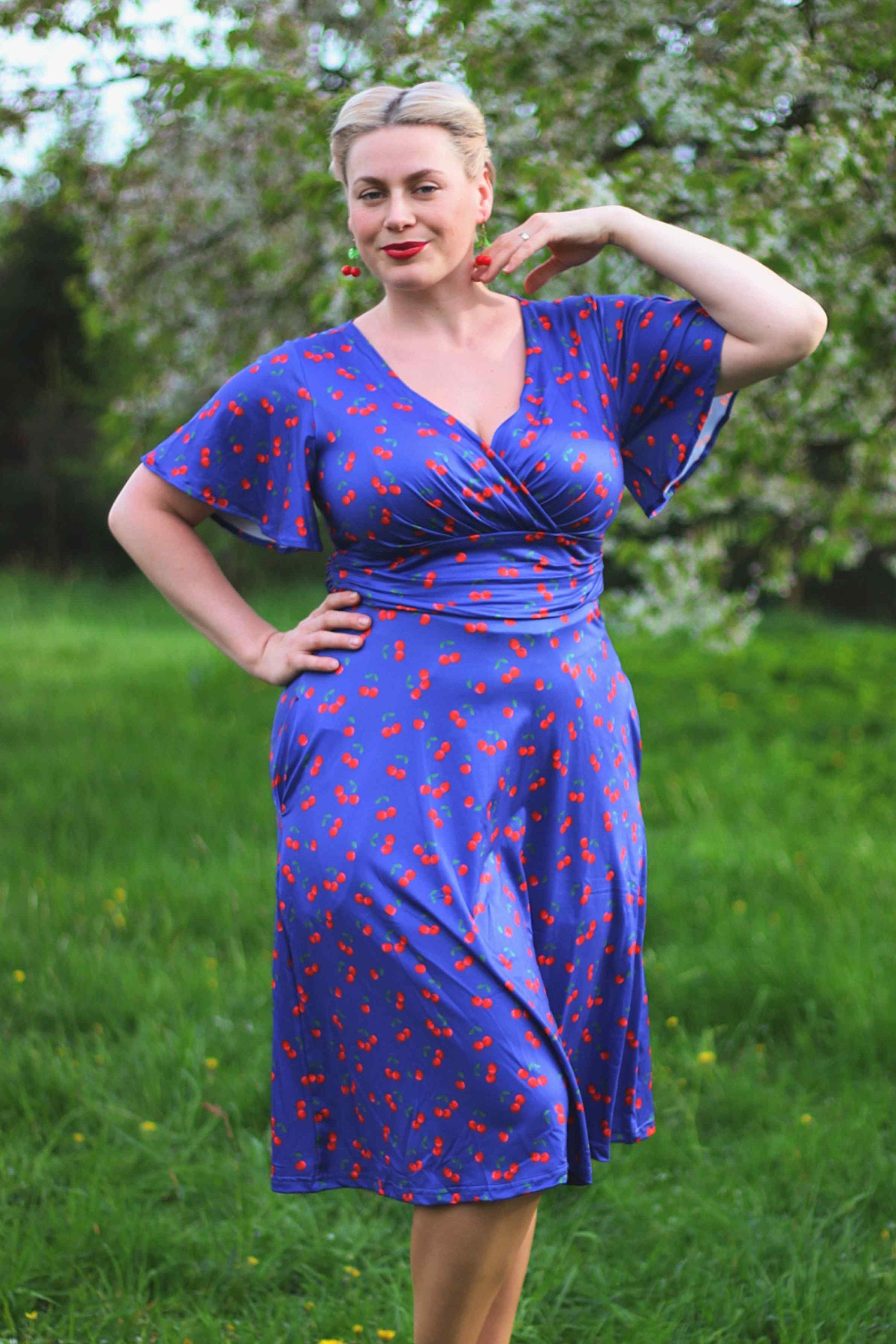Donna Navy Blue Tea Dress in Cherry Fruit Print - Etsy