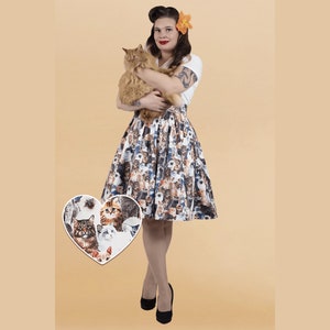 Quirky Box Pleat Flared Skirt in Cute Kitty Cat Print