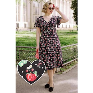 Donna Crossover Bust Black Strawberry Dress