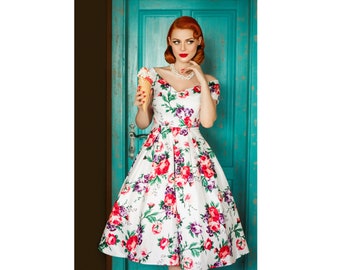 Lily Off Shoulder 50s Pleated Dress in White Floral