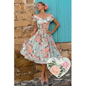 Lily 50s Style Floral Off Shoulder Dress In Mint