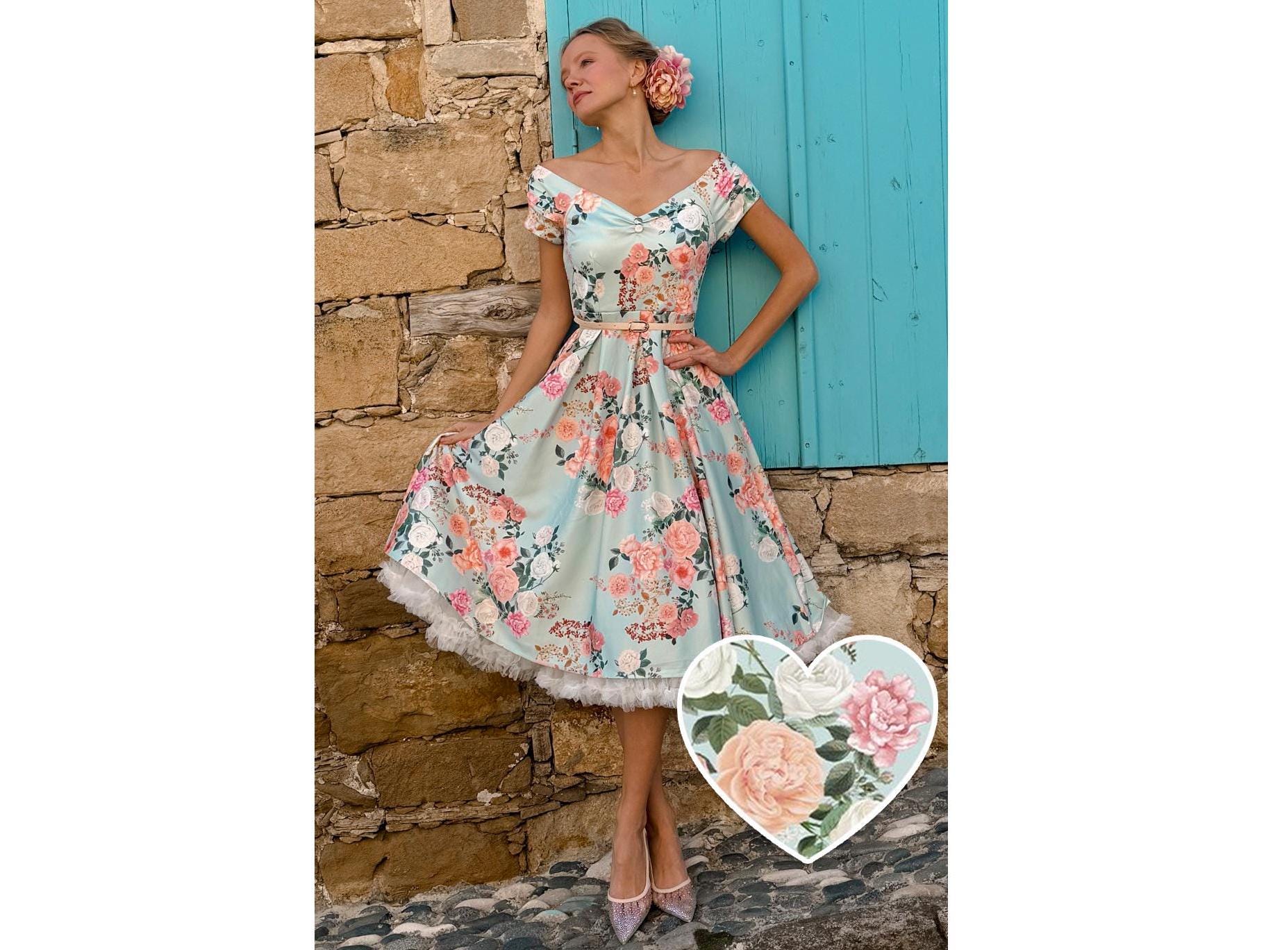 Lily 50s Style Floral off Shoulder Dress in Mint - Etsy Lily 50s Style Floral off Shoulder Dress in Mint - Etsy