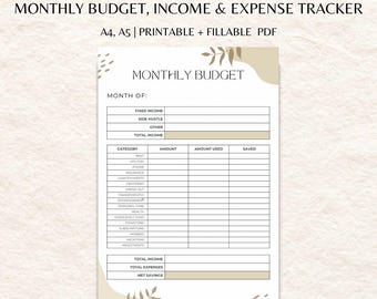 Income & Expense Tracker, Monthly Budget Planner Printable, Financial Planner, Money Tracker, A4/A5 size, Instant Download PDF
