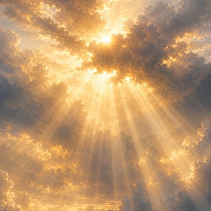 May include: A bright sun shines through a dense layer of fluffy, textured clouds, casting golden light and distinct vertical sunbeams downward. The sky is filled with varying shades of white, gray, and warm yellow, creating a dramatic atmospheric scene.