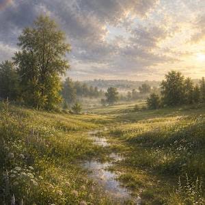 Puede incluir: Una pintura de paisaje que muestra un arroyo estrecho y reflectante que serpentea a través de un prado verde exuberante lleno de flores silvestres. Un arcoíris vibrante se arquea sobre un cielo nublado y dorado sobre un bosque lejano.