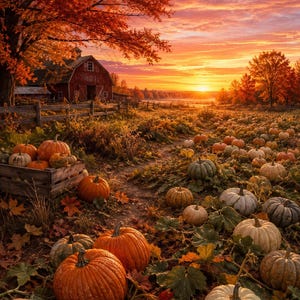 May include: A pumpkin patch at sunset featuring numerous orange, white, and grey pumpkins scattered across a field. A wooden crate holds several pumpkins near a rustic red barn under a vibrant orange and purple sky with autumn foliage.