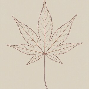 May include: A fine-line illustration of a seven-pointed maple leaf rendered in a dark brown outline against a solid, light beige background. The drawing captures the intricate vein structure of the leaf with a single stem extending downwards.