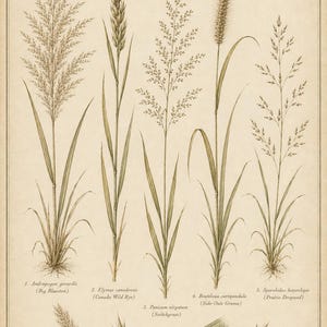 Könnte beinhalten: Ein botanischer Druck mit dem Titel Graminae Indigenae, der fünf nummerierte Illustrationen nordamerikanischer Gräser zeigt: Andropogon gerardii, Elymus canadensis, Panicum virgatum, Bouteloua curtipendula und Sporobolus heterolepis, ergänzt durch vier kleine Detailskizzen.