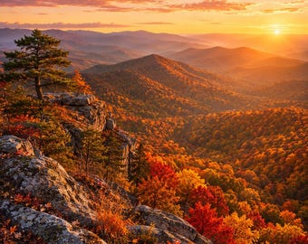 May include: A mountain landscape during autumn at sunset, featuring rocky cliffs in the foreground with scattered orange and red leaves. The valley below is filled with dense, colorful trees in shades of gold, orange, and red, under a bright sky.