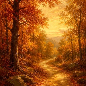 Puede incluir: Una pintura al óleo que representa un sendero forestal en otoño. Árboles altos con hojas de color naranja y dorado bordean un camino de tierra cubierto de follaje. Grandes rocas grises se encuentran a lo largo del sendero y montañas.