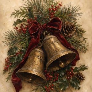 Può includere: Due campane in ottone in stile antico decorate con un fiocco in velluto rosso scuro, circondate da aghi di pino verdi, foglie di agrifoglio, bacche rosse brillanti e due pigne marroni. Le campane metalliche presentano intricati motivi a rilievo.