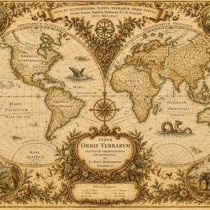 May include: An antique-style world map print featuring two hemispheres, labeled Typus Orbis Terrarum. The map includes illustrations of a ship, a whale, a sea serpent, a deer, a peacock, a parrot, and an elephant, all framed by ornate floral borders.