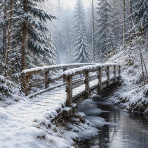 May include: A wooden bridge covered in a layer of white snow spans a dark, flowing stream. The bridge features simple railings and wooden planks, surrounded by a dense forest of tall evergreen trees heavily dusted with fresh winter snow.