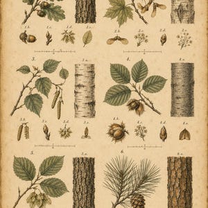 May include: A vintage botanical print titled Dendrologia Tab. XXII Forestae Temperatae featuring six numbered sections of tree species. Each section displays detailed illustrations of leaves, bark textures, seeds, and buds on a beige paper background.