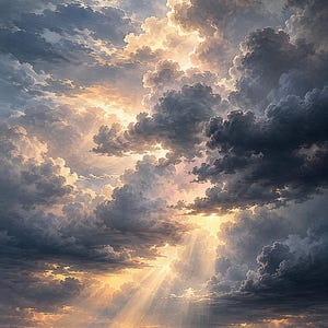 May include: A dramatic landscape scene featuring a vast sky filled with dense, layered storm clouds in shades of charcoal, grey, and white. Golden sunlight breaks through the cloud cover, casting bright, distinct rays of light downwards.