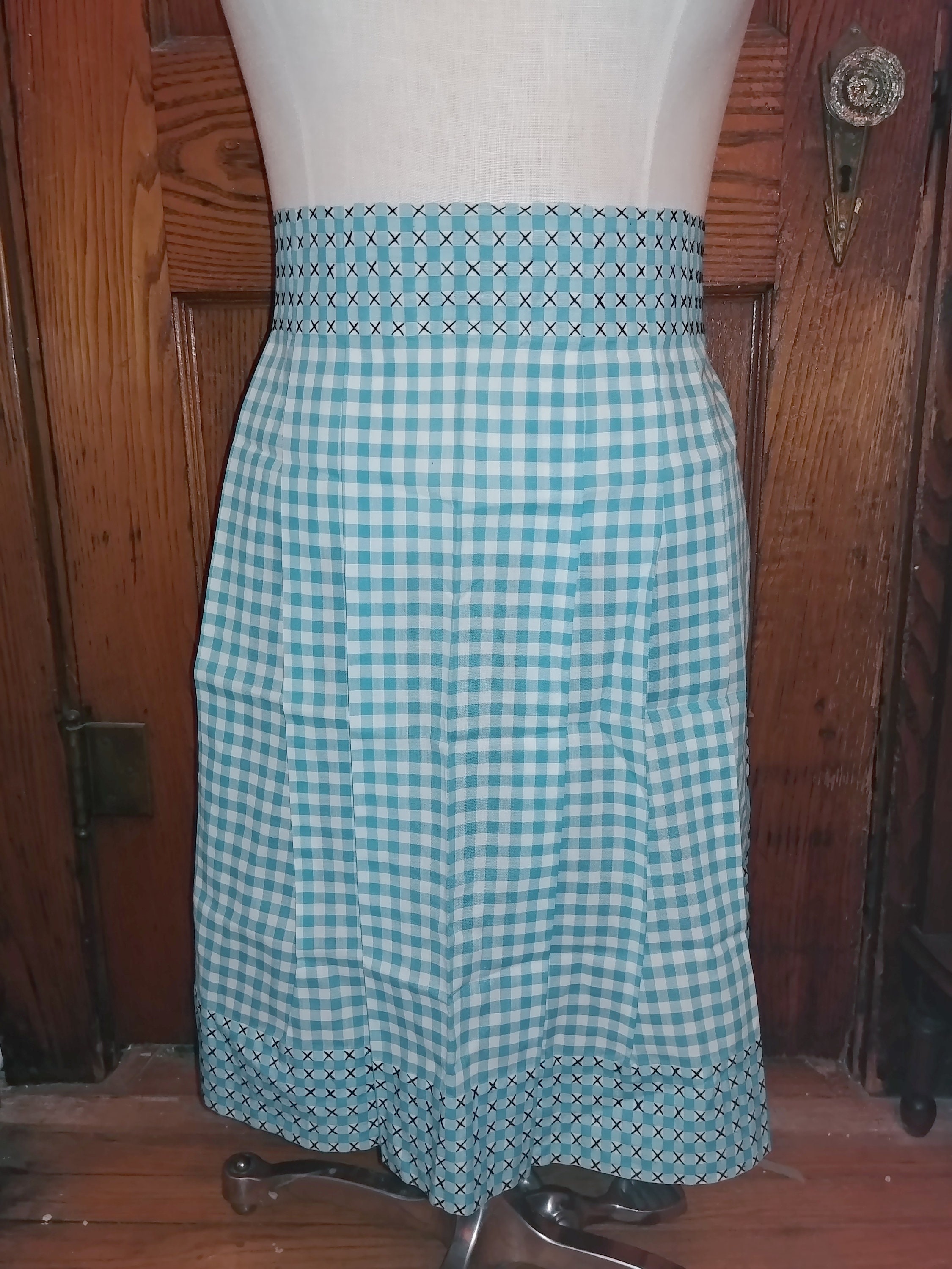 Vintage Aqua Green Gingham Cross Stitched Embroidered Apron Home Sewn Vintage Aqua Green Gingham Cross Stitched Embroidered Apron Home Sewn