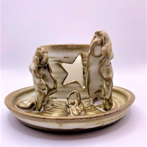 Pottery Candle Holder Abstract Holy Family and Star 1981 Signed