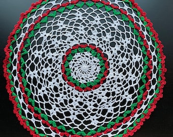 Handmade Crocheted Christmas Holiday Red White Green Doily 15 inches in Diameter