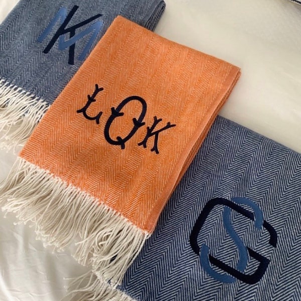 Embroidered Herringbone Throw Blanket