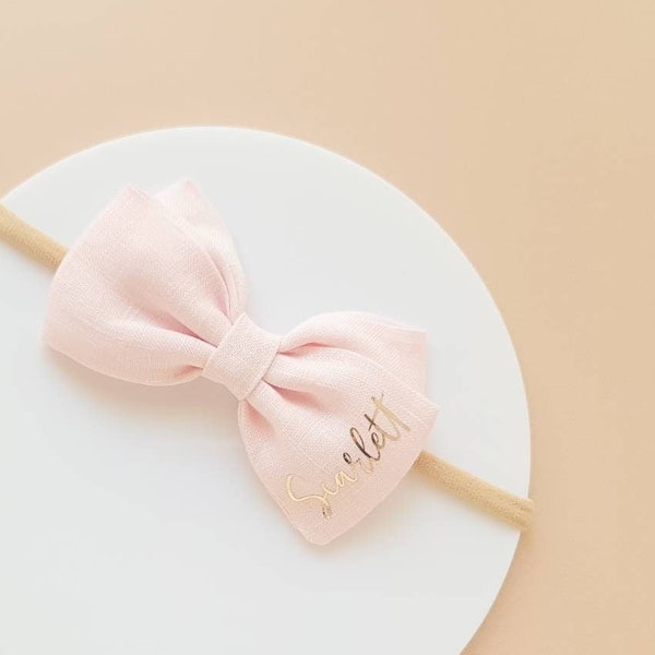 Personalised Linen Hair Bow Headband/Hair Clip | Newborn Baby toddler girls | Light Pink