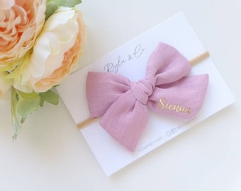 Personalised Bow Headband or Hair Clip | Newborn Baby Toddler Girls | Pure Linen | Soft Nylon Headband | Rose Pink