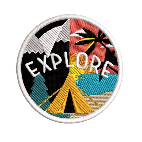 Explore Camping Beach Tent Mountains 3" - Embroidered Iron-On/Sew-on Custom Applique / Vest Jacket Clothing Backpack / Outdoor Adventure DIY