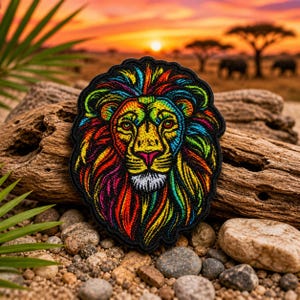 May include: Embroidered patch featuring a colorful lion's head with a black border. The lion's mane is a vibrant mix of rainbow colors. The background shows a sunset over an African savanna with trees and elephants.